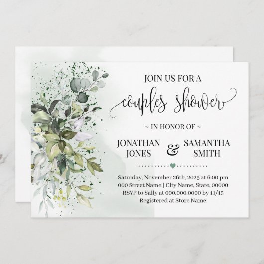 ユーカリの緑の多肉性カップルのシャワー 招待状 (正面/裏面)