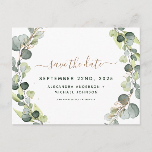 ユーカリの緑の多肉植物の日付を保存 案内ポストカード (正面)