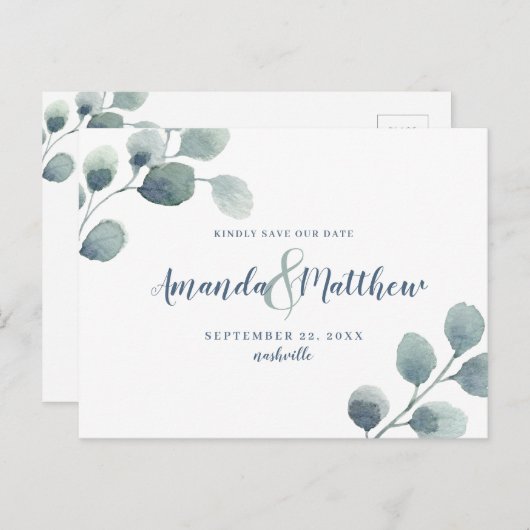 ユーカリの緑の日付青の水色を保存 案内ポストカード (正面/裏面)