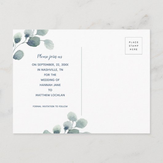 ユーカリの緑の日付青の水色を保存 案内ポストカード (裏面)