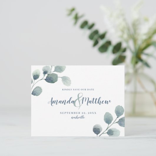 ユーカリの緑の日付青の水色を保存 案内ポストカード (スタンド正面)