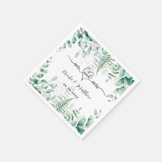 ユーカリの緑の森林シダは結婚の名前 スタンダードカクテルナプキン (角)