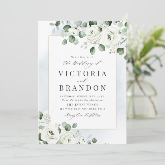 ユーカリの緑の白いフローラの結婚素朴 招待状 (スタンド正面)