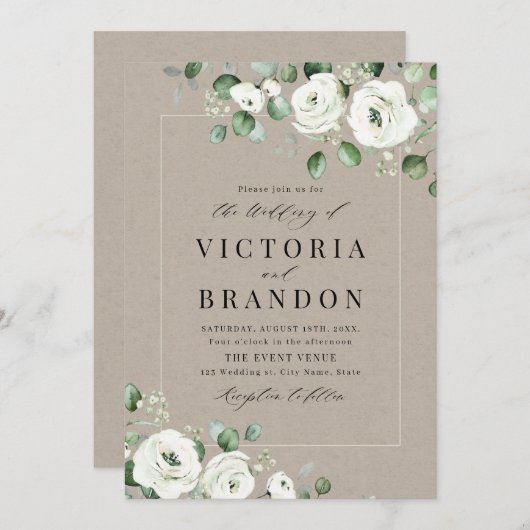 ユーカリの緑の白いフローラの結婚素朴 招待状 (正面/裏面)