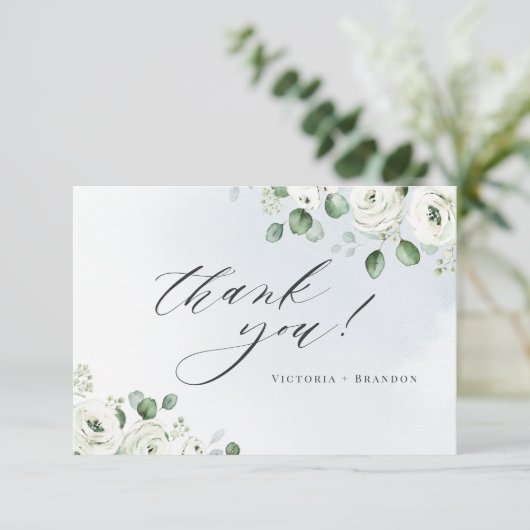 ユーカリの緑の白いフローラ素朴 サンキューカード (スタンド正面)