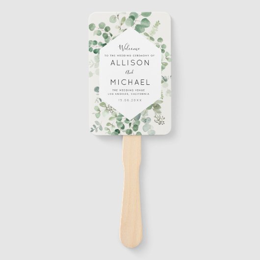 ユーカリの緑の結婚式のプログラムのハンドファン ハンドファン (正面)