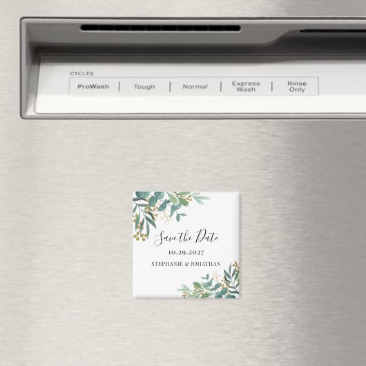 ユーカリの緑の結婚式の日付を保存 マグネット (インサイチュ (食洗機))