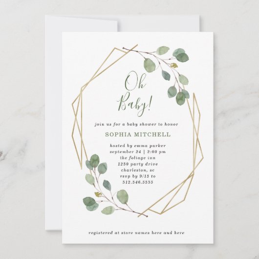 ユーカリの緑の草木の幾何学的なベビーシャワーのOhベビー 招待状 (正面)