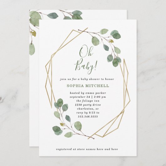 ユーカリの緑の草木の幾何学的なベビーシャワーのOhベビー 招待状 (正面/裏面)