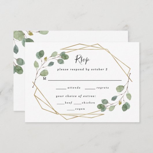 ユーカリの緑の草木の幾何学的な結婚式の食事の選択 出欠カード (正面/裏面)