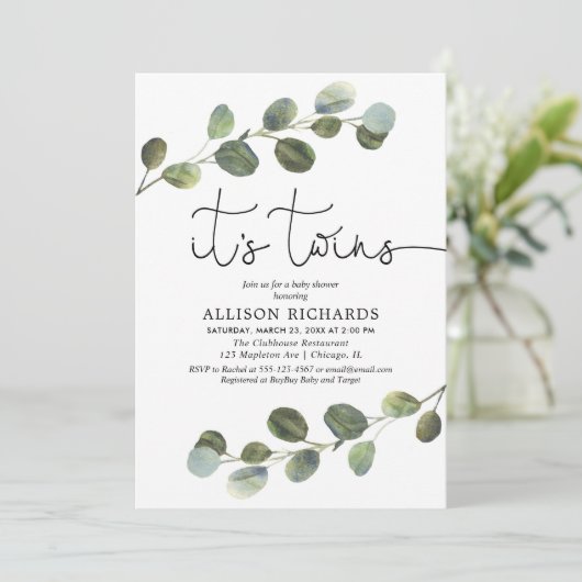 ユーカリの緑の草木の白黒のベビーシャワーを結び付けます 招待状 (スタンド正面)