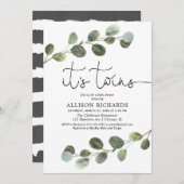 ユーカリの緑の草木の白黒のベビーシャワーを結び付けます 招待状 (正面/裏面)