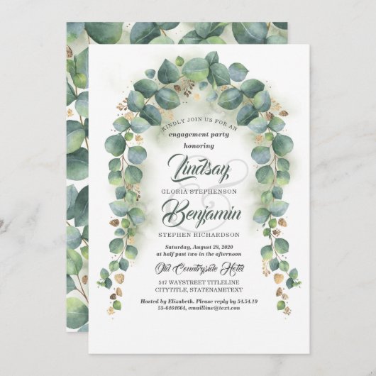 ユーカリの緑の草木の花輪の婚約パーティ 招待状 (正面/裏面)