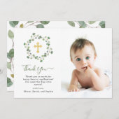 ユーカリの緑の草木は|の洗礼の写真を交差させ、 サンキューカード (正面/裏面)