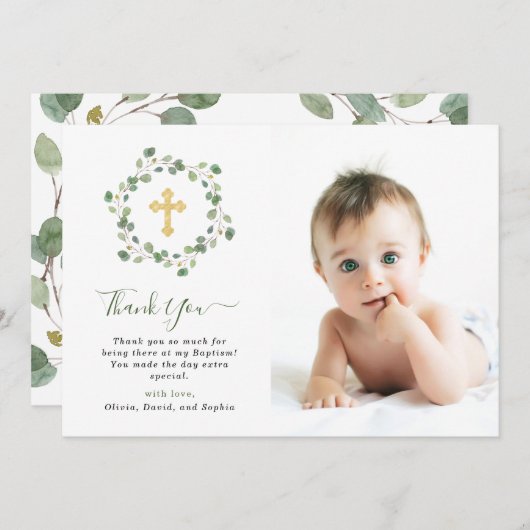 ユーカリの緑の草木は|の洗礼の写真を交差させ、 サンキューカード (正面/裏面)
