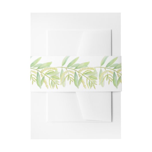 ユーカリの緑の葉とクリーム色の花の水彩画 招待状ベリーバンド (正面例)