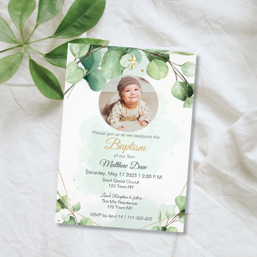 ユーカリの緑の葉の写真 洗礼招待状 招待状