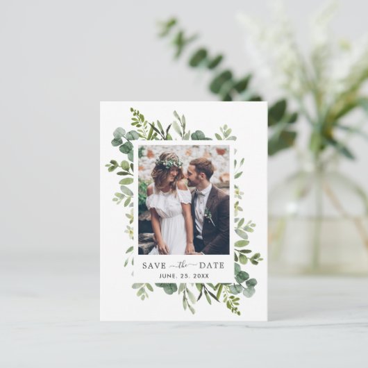 ユーカリの緑の葉の日付写真を保存 案内ポストカード (スタンド正面)