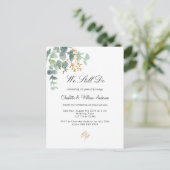 ユーカリの緑の金ゴールドシンプルの葉結婚の葉 インビテーションポストカード (スタンド正面)