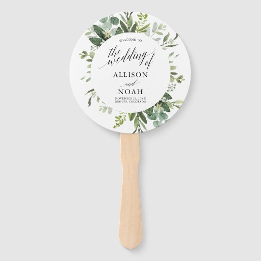 ユーカリの緑シンプルのエレガントな結婚式プログラム ハンドファン (正面)