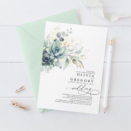 ユーカリの緑色多肉類と金ゴールド結婚ズ 招待状