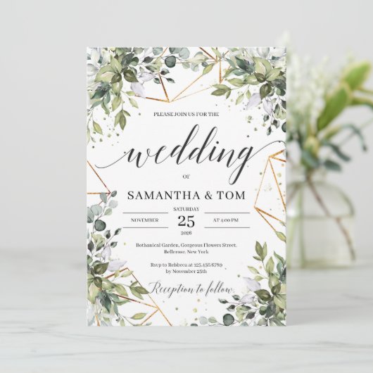 ユーカリの緑豊かな葉の緑豊かな金ゴールド結婚の 招待状 (スタンド正面)