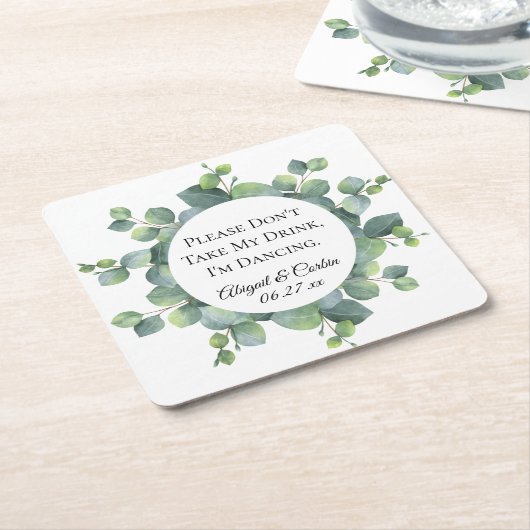 ユーカリの群葉のパーソナライズな結婚式 スクエアペーパーコースター (アングル)