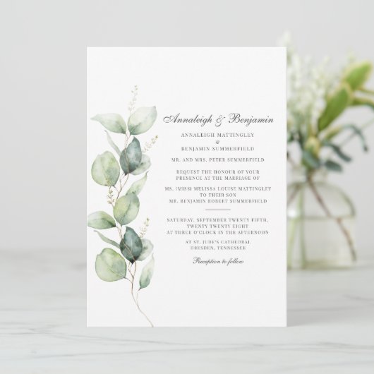 ユーカリの花と多肉植物の水彩ボタニカルウェディング 招待状 (スタンド正面)