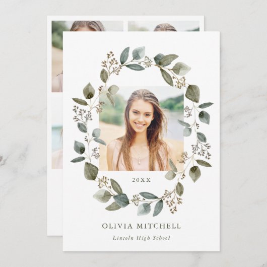 ユーカリの花輪 | 複数写真グリッド 卒業 招待状 (正面/裏面)