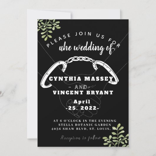 ユーカリの葉が添えられたエレガントでスイートな黒の結婚式招待状 招待状 (正面)