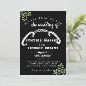 ユーカリの葉が添えられた、エレガントで甘い黒の結婚式招待状 招待状 (スタンド正面)