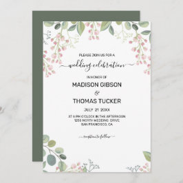 ユーカリの葉とピンクの花のウェディング 招待状