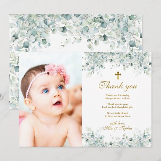 ユーカリの葉と写真 洗礼 感謝カード 招待状 (正面/裏面)