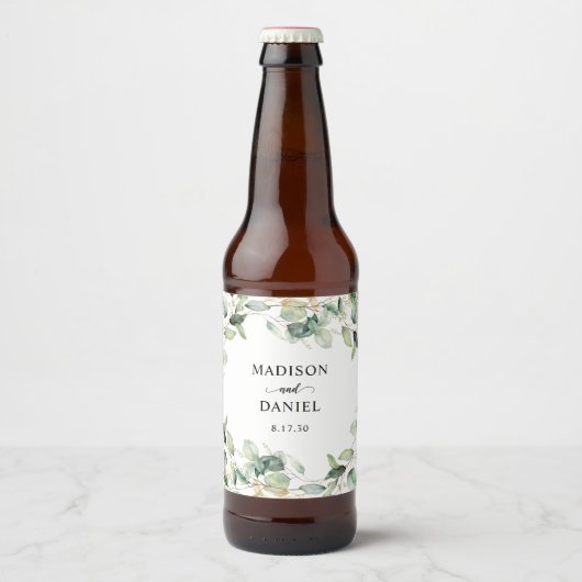 ユーカリの葉のエレガントなウェディング ビールラベル (正面)