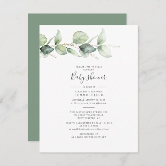 ユーカリの葉のカップルエレガントベビーシャワー 招待状 (正面/裏面)