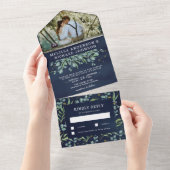 ユーカリの葉のネイビーブルーの結婚式 オールインワン招待状 (貼ってはがせる)