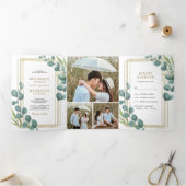 ユーカリの葉のフォトコラージュ 結婚式 ゴールドフレーム 三つ折り招待状 (内部)