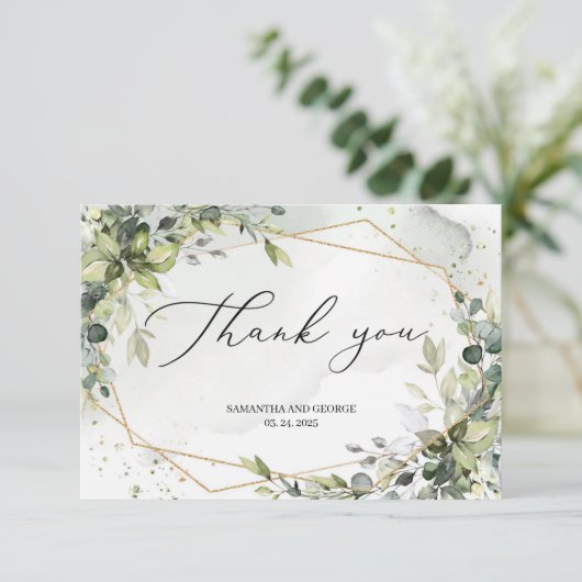 ユーカリの葉のボホ緑の金ゴールド幾何学的 サンキューカード (スタンド正面)