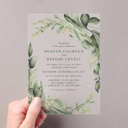 ユーカリの葉のリース モダンウェディング アクリル招待状 (インサイチュ (ポータブル))