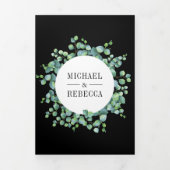 ユーカリの葉の写真コラージュ ブラック ウェディング 三つ折り招待状 (カバー)