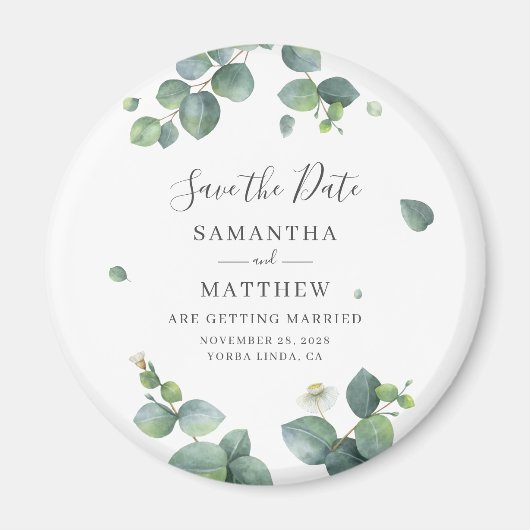 ユーカリの葉の植物グリーン Save the Date マグネット (正面)