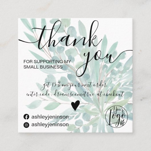 ユーカリの葉の水の色の緑の感謝してい順序あなた スクエア名刺 (正面)