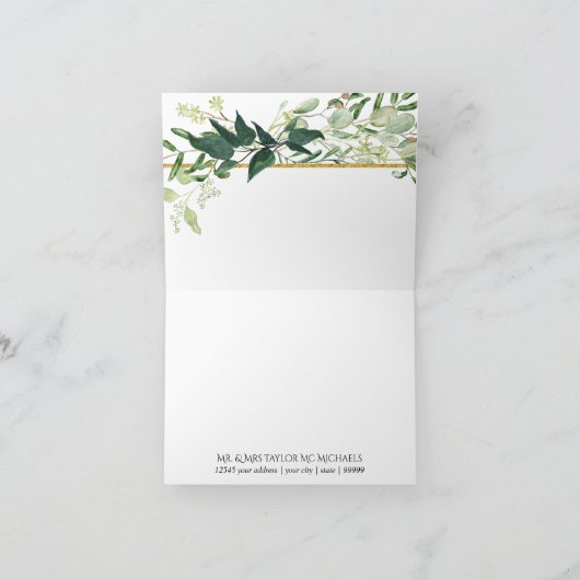 ユーカリの葉の水の色の緑の白結婚の サンキューカード (内部)