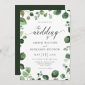 ユーカリの葉の水の色の緑結婚色 招待状 (正面/裏面)
