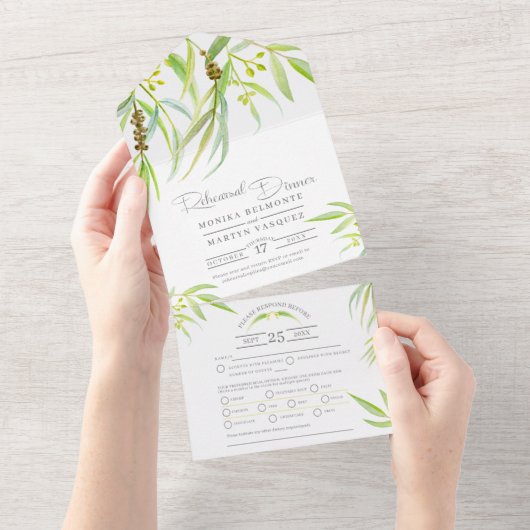 ユーカリの葉の水彩画アートのリハーサルディナー オールインワン招待状 (貼ってはがせる)