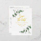 ユーカリの葉の箔押し モダンウェディング セーブザデート 箔招待状ポストカード (正面/裏面)