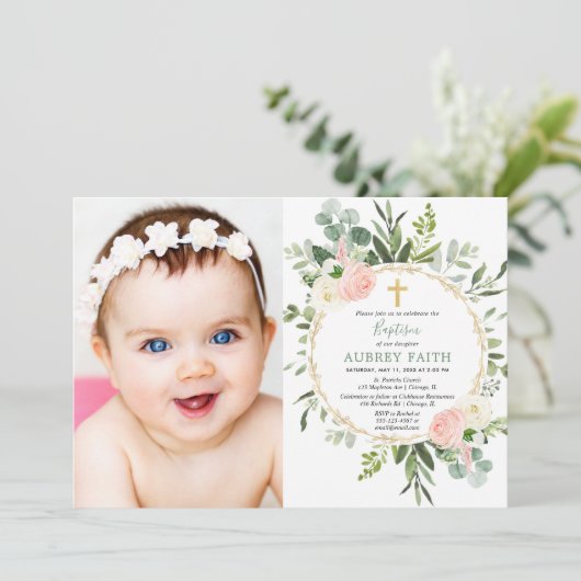ユーカリの葉ピンクの女エレガントの子のバプテスフォト 招待状 (スタンド正面)