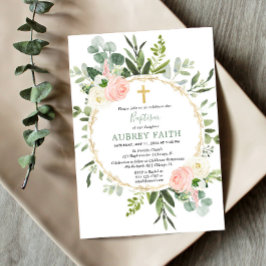 ユーカリの葉ピンクの女エレガントの子のバプテスマ 招待状