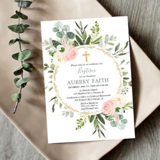 ユーカリの葉ピンクの女エレガントの子のバプテスマ 招待状