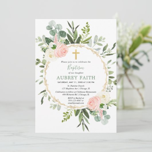 ユーカリの葉ピンクの女エレガントの子のバプテスマ 招待状 (スタンド正面)